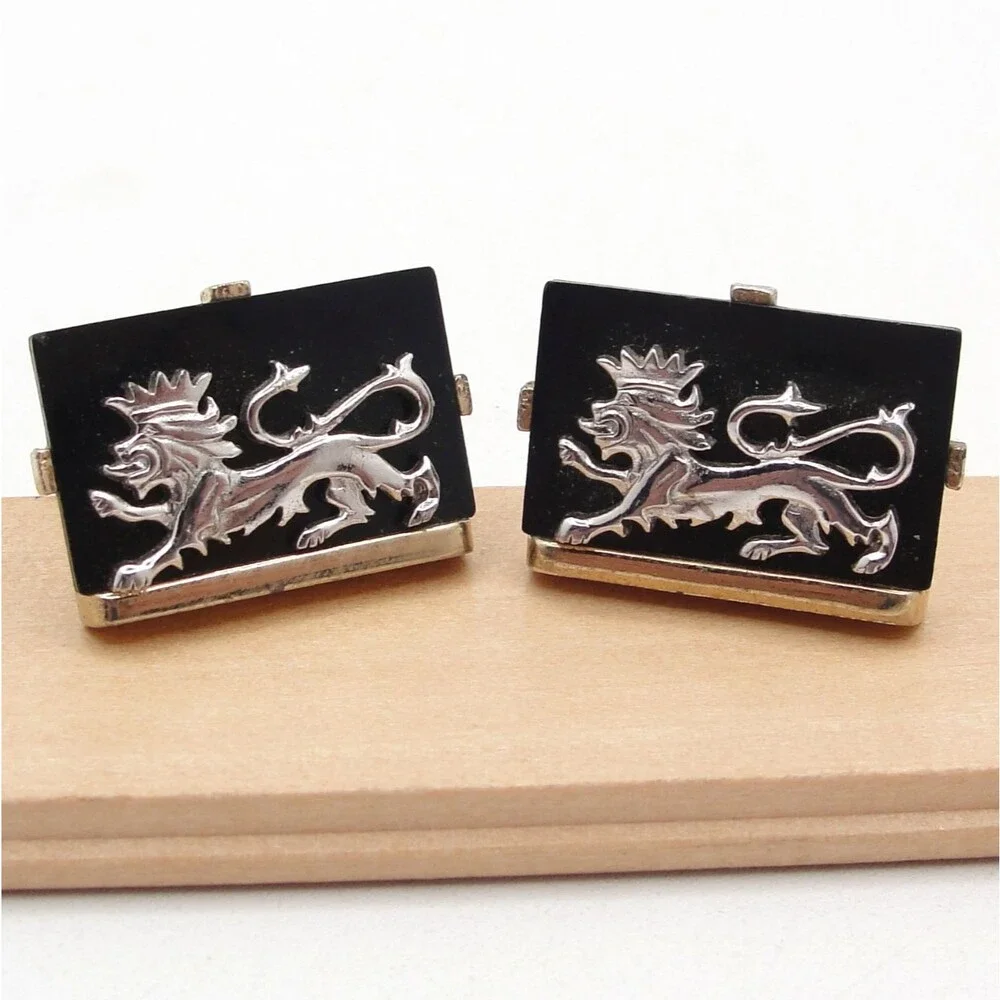 Vintage Swank Lion Cufflinks Heraldic Crowned Black Onyx Silver Gold Tone MCM